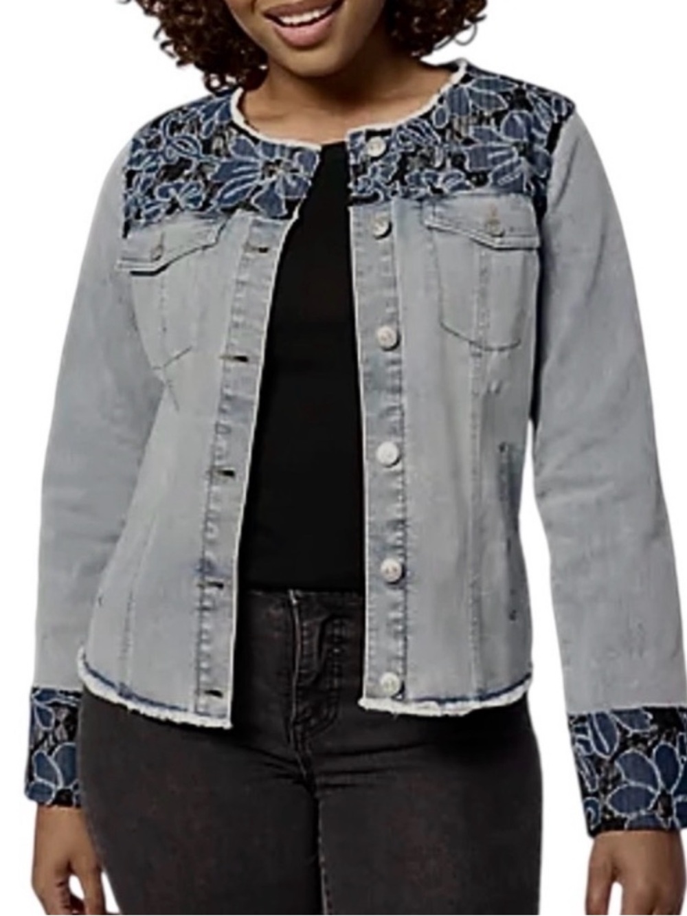 LOGO by Lori Goldstein Special Edition Jean Jacket denim With Lace size 4 NWT - Picture 2 of 11